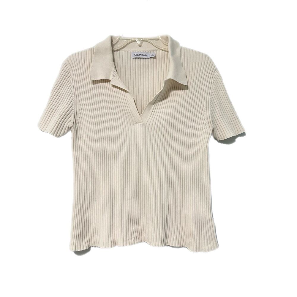 Calvin Klein Women Ribbed Short Sleeve Knit Polo Shirt Top Large Cream Preppy